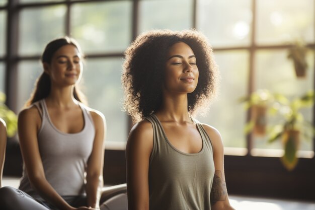 People doing yoga together in gym