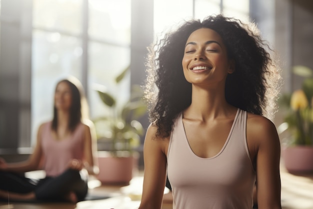 People doing yoga together in gym