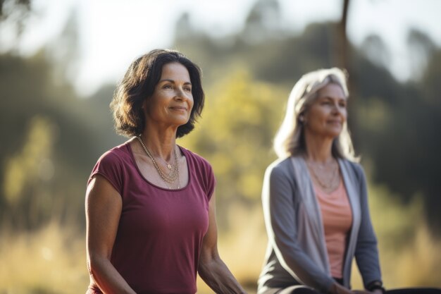 People doing yoga together in nature