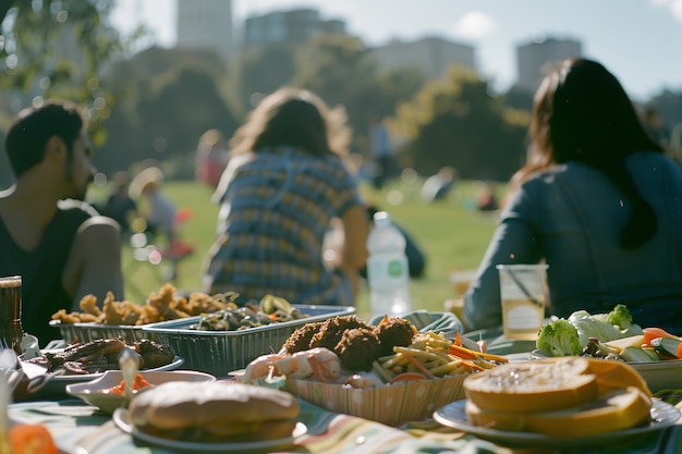 People enjoying a summer picnic day together outdoors