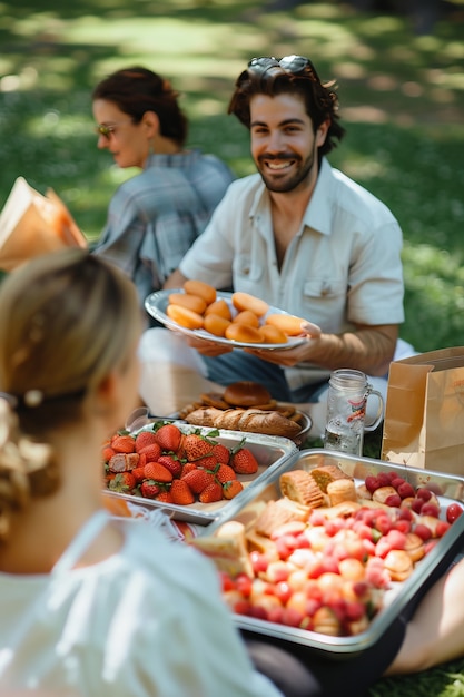 People enjoying a summer picnic day together outdoors