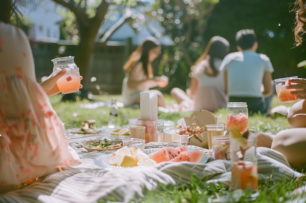 People enjoying a summer picnic day together outdoors