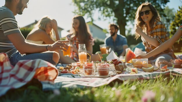 People enjoying a summer picnic day together outdoors