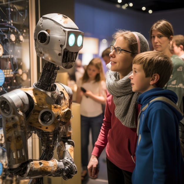 People hanging out with robot