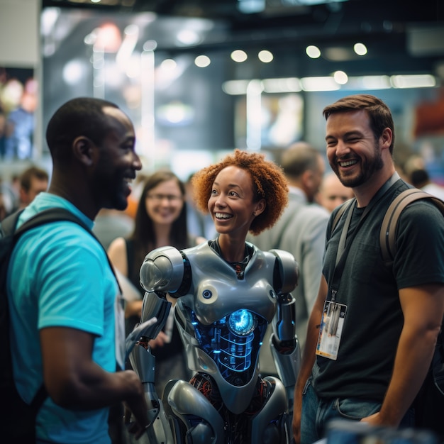 People hanging out with robot