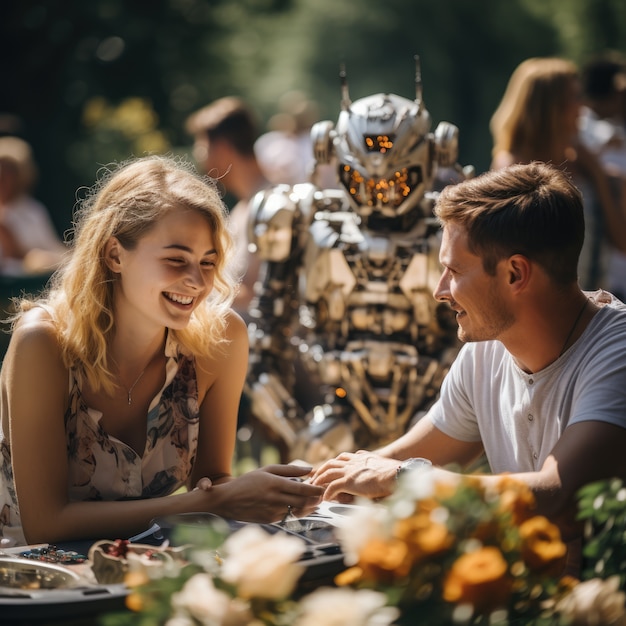 Free photo people hanging out with robot