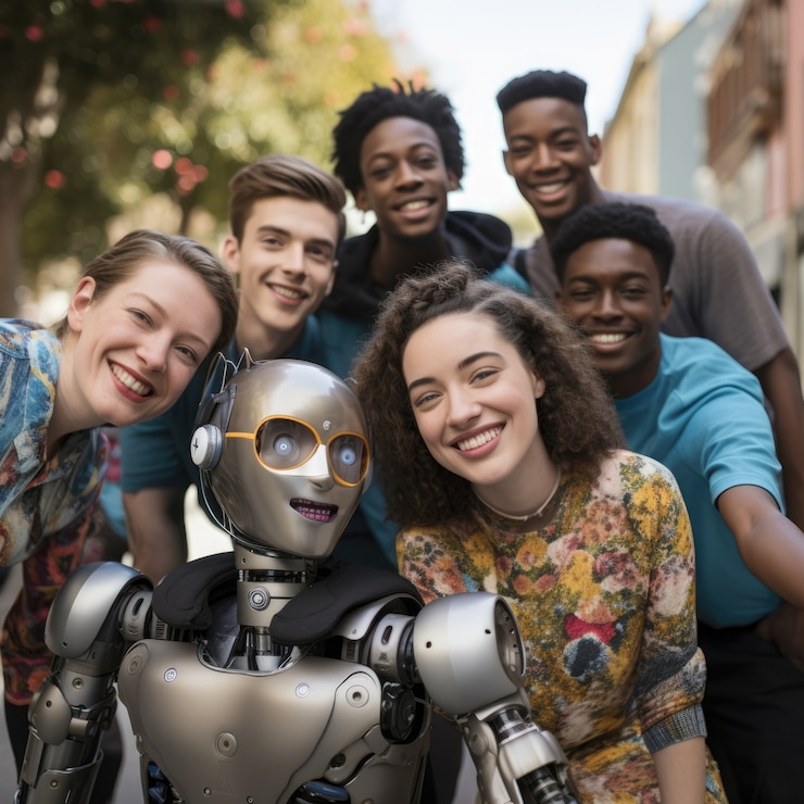 Free Photo people hanging out with robot