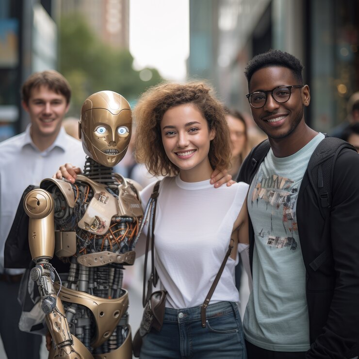 Free Photo people hanging out with robot