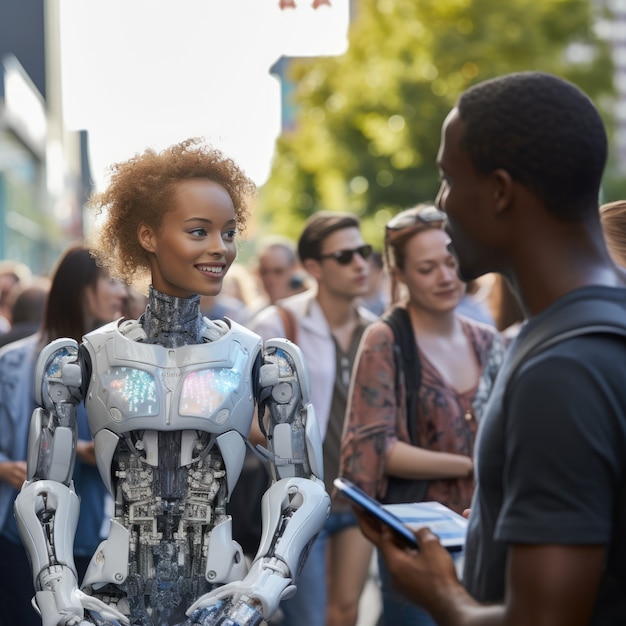 Бесплатное фото Люди, гуляющие с роботами.