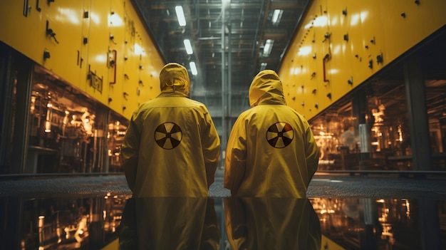 Persone in tute anti-hazmat che lavorano in una centrale nucleare