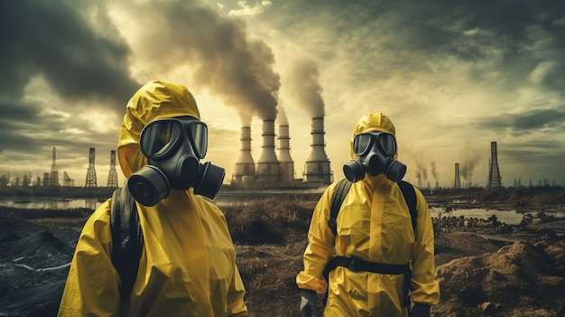 People in hazmats and masks outside a nuclear power plant