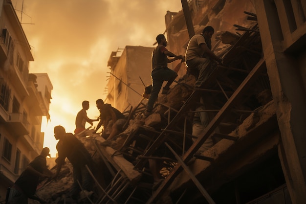 무료 사진 지진 발생 후 돕는 사람들