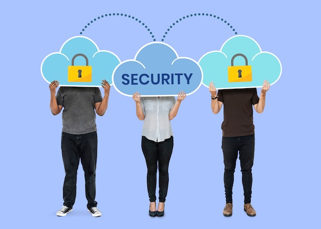 People holding cloud network security symbols