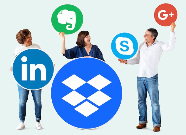 People holding icons of digital brands