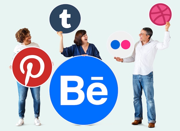 People holding icons of digital brands