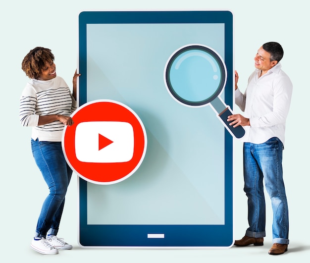 People holding a YouTube icon and a tablet