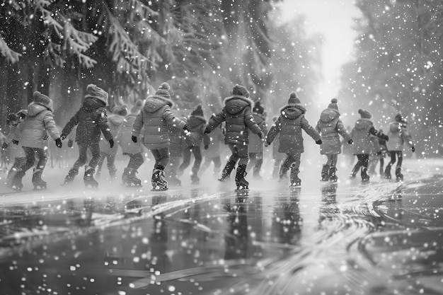 People ice skating in black and white