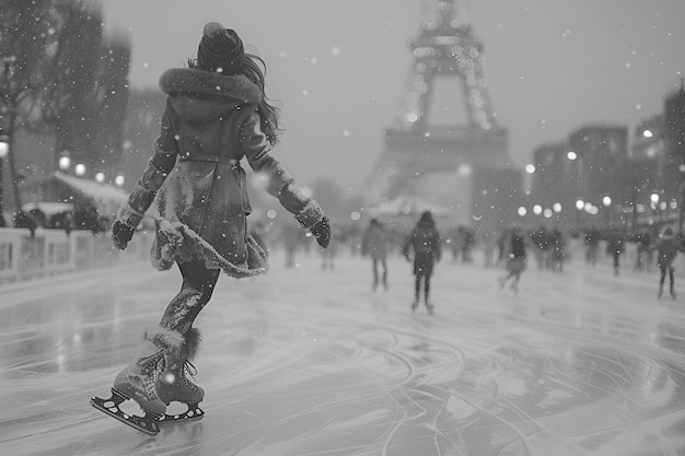 Люди катаются на коньках в черно-белом.