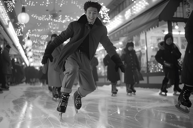 People ice skating in black and white