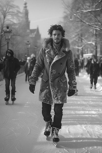 People ice skating in black and white