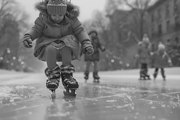 People ice skating in black and white