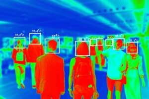 people in colorful thermal scan with celsius degree temperature