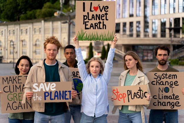 People marching together in global warming protest