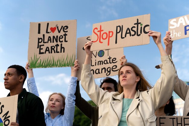 People marching together in global warming protest