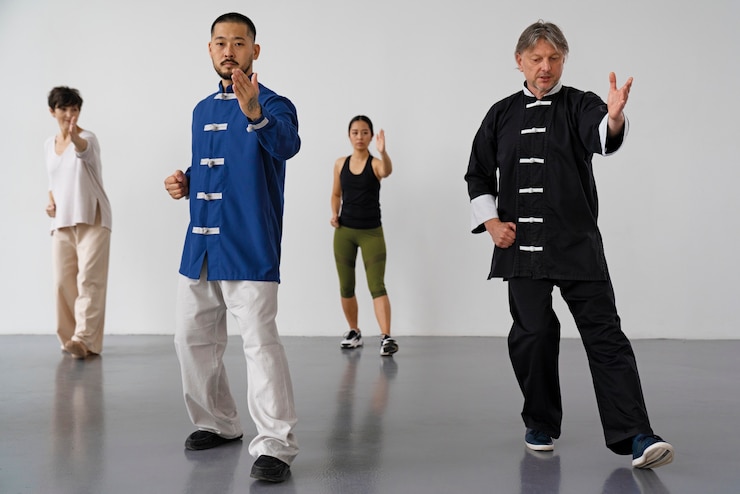 Free Photo people practicing tai chi indoors full shot