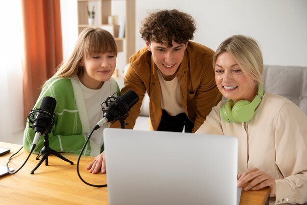 People recording podcast side view