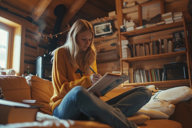 Free photo people relaxing in their wooden home