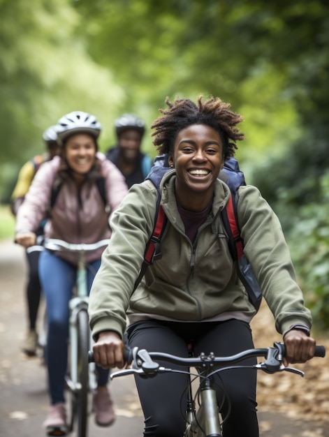 Free photo people riding their bikes in group in nature