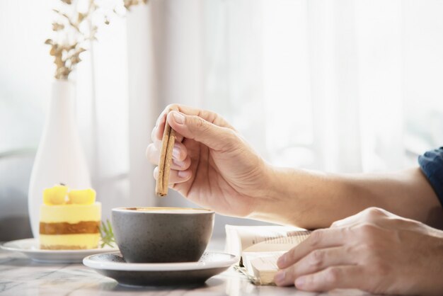 People serve beautiful fresh relax morning coffee cup set