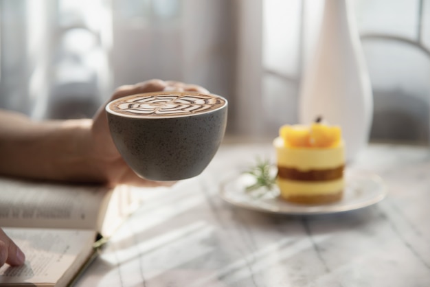 People serve beautiful fresh relax morning coffee cup set