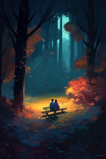 밤에 숲의 벤치에 앉아 있는 사람들 Generative Ai