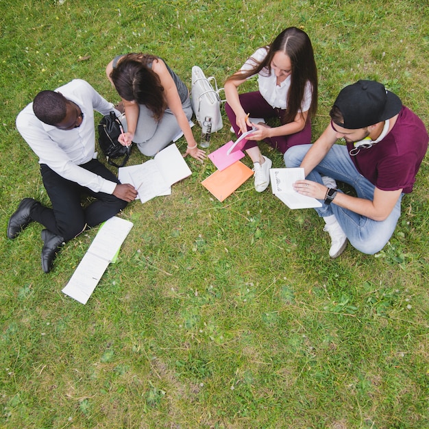 Free photo people sitting on grass studying