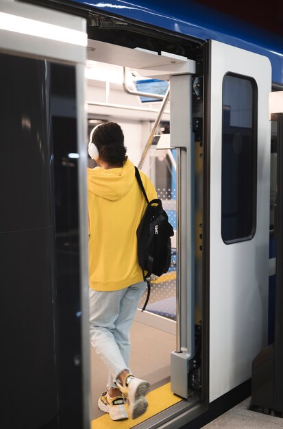 People traveling on the subway in winter time