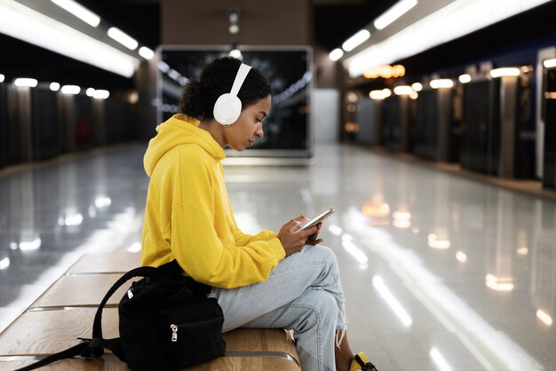 people traveling on the subway in winter time