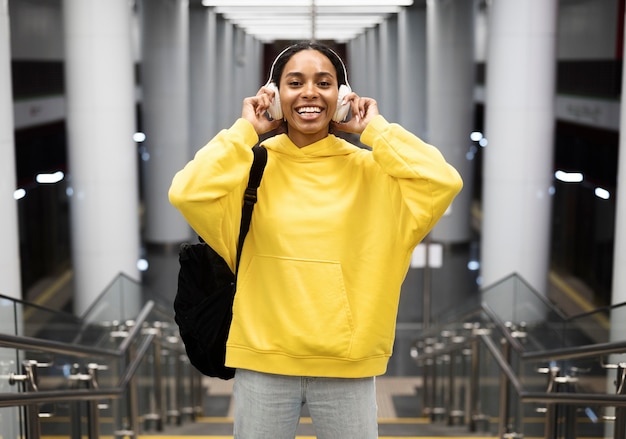 Free photo people traveling on the subway in winter time