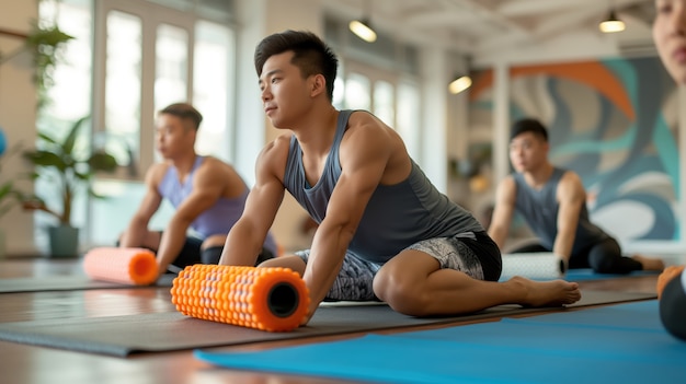 Free photo people using foam roller to exercise and practice fitness