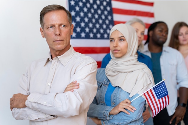 People waiting to register for voting in the united states