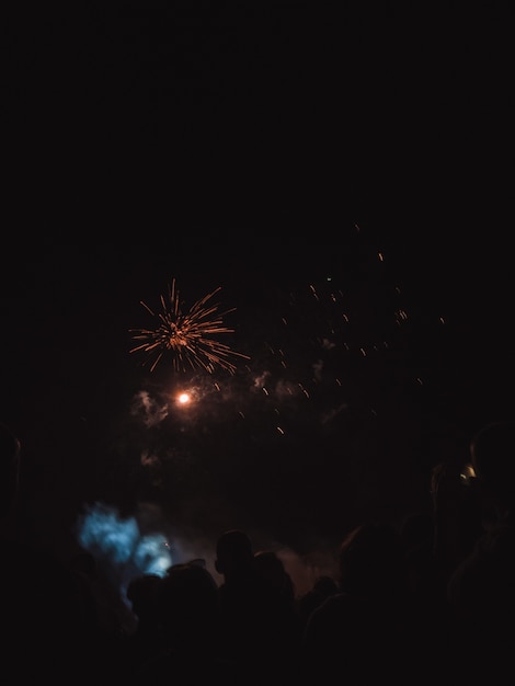 夜空に花火を見ている人