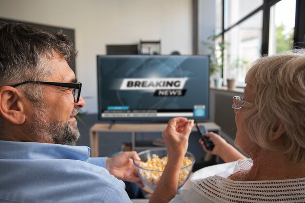 Free photo people watching news on tv