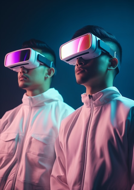 Persone che indossano occhiali di realtà virtuale di alta tecnologia futuristica