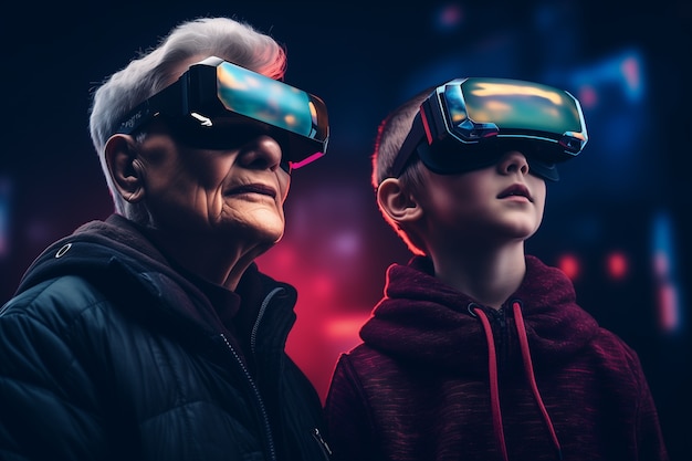 Foto gratuita persone che indossano occhiali di realtà virtuale di alta tecnologia futuristica