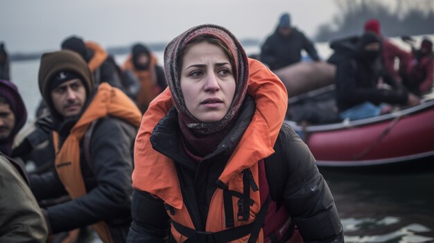 People wearing life jackets in a migration crisis