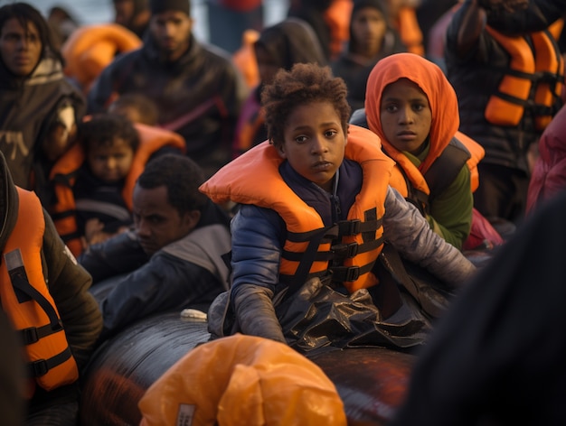 People wearing life jackets in a migration crisis