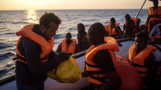 Foto gratuita persone che indossano giubbotti di salvataggio durante una crisi migratoria