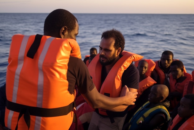 People wearing life jackets in a migration crisis