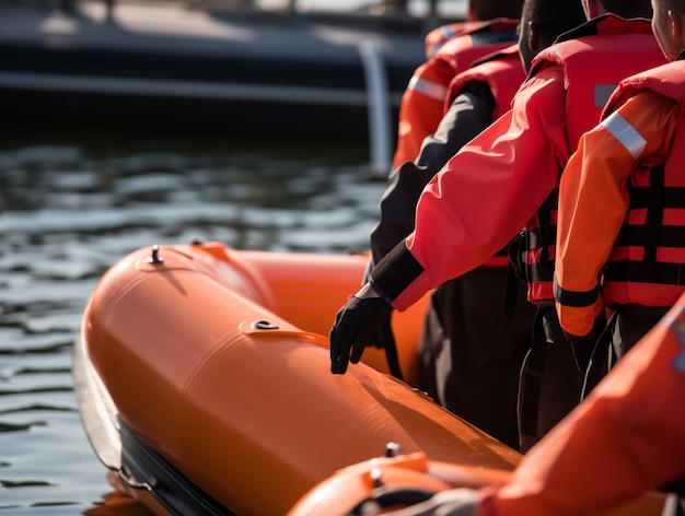 People wearing life jackets in a migration crisis
